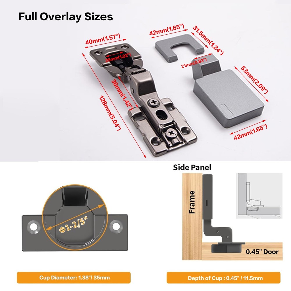 Jisano 1 Pack 2pcs Frameless Full Overlay Soft Close Concealed