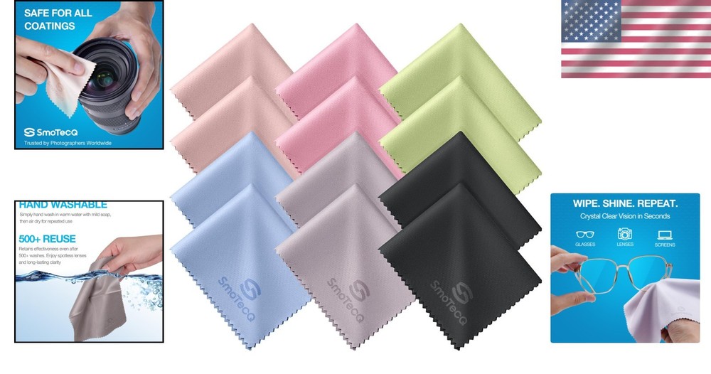 12 Pack Ultra-Soft Microfiber Lens Cleaning Cloths - Scratch-Free & Color-Coded