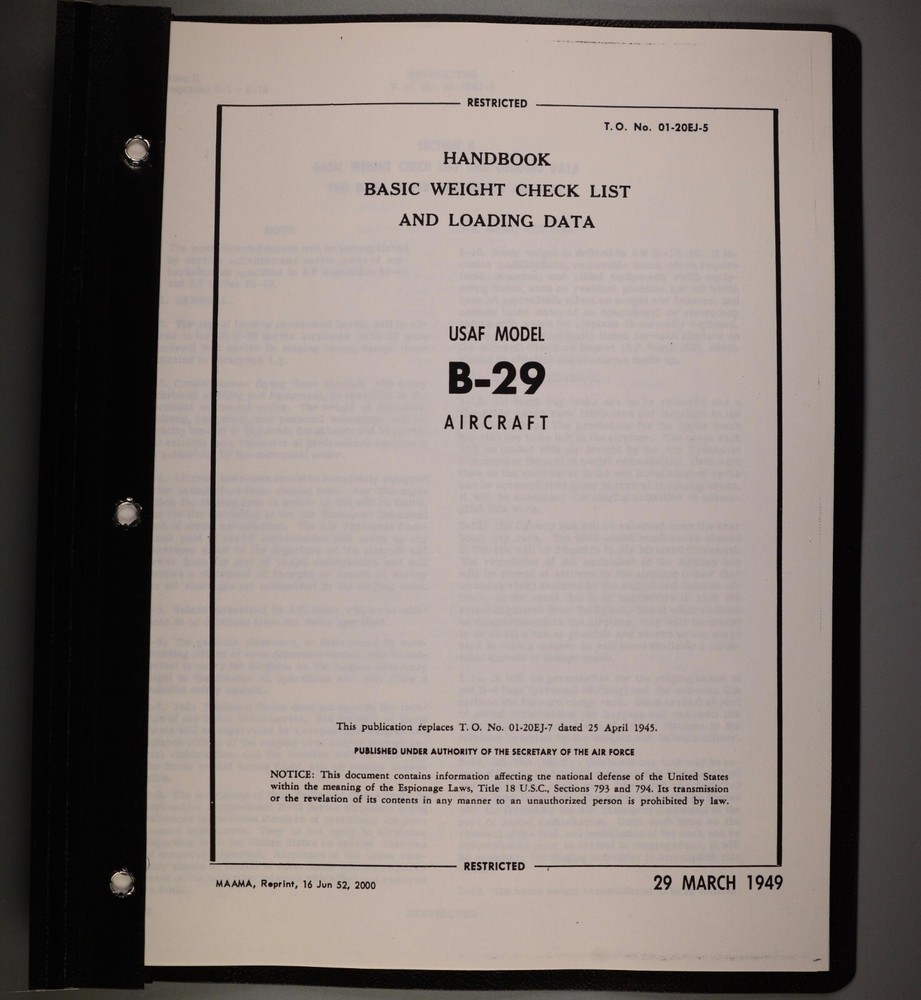 REPRINT Boeing B-29 Superfortress Basic Weight Check List & Loading Data 1949