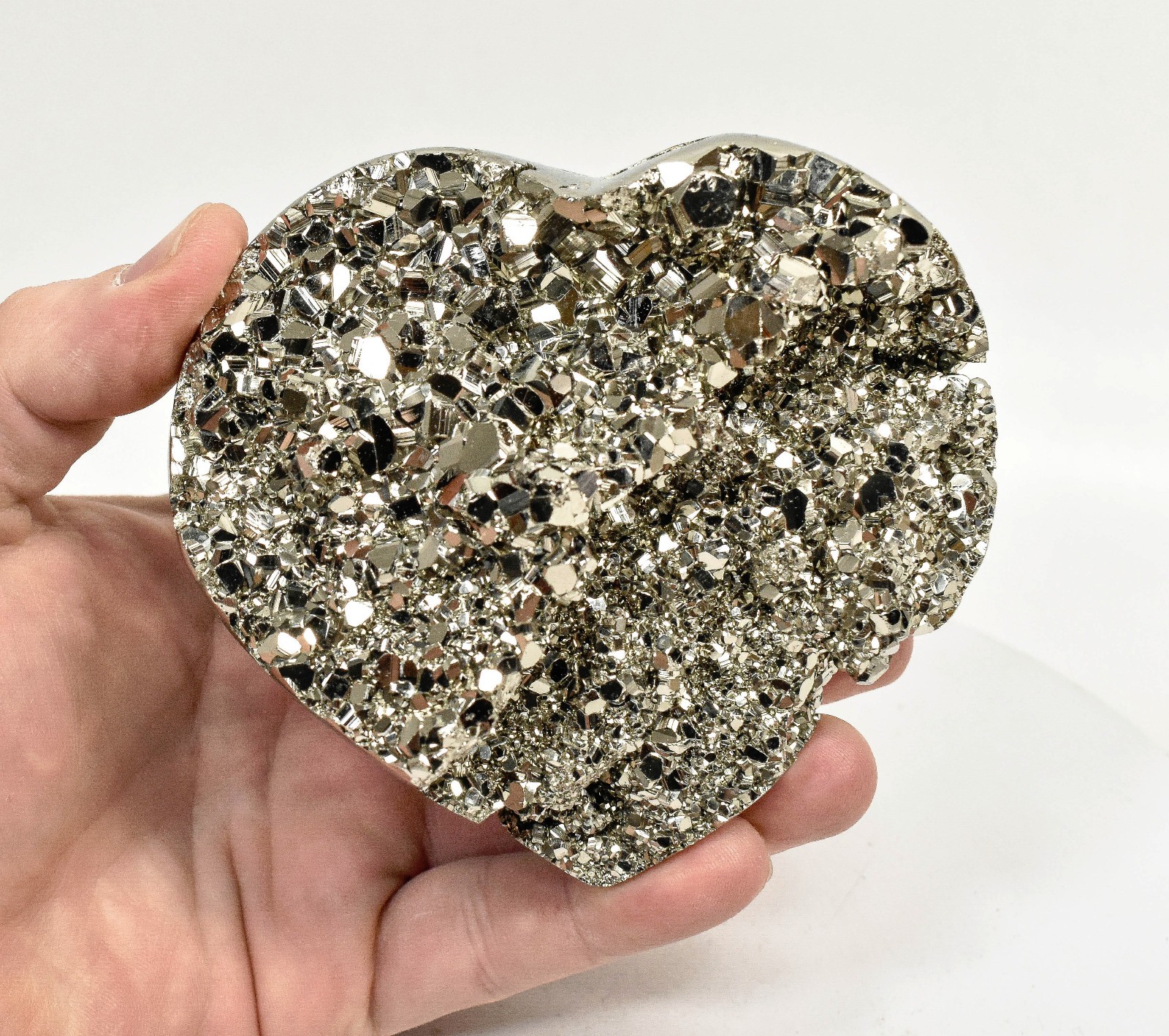 4.21" Polished PYRITE CRYSTAL HEART Carving Huanzala mine, Peru T707