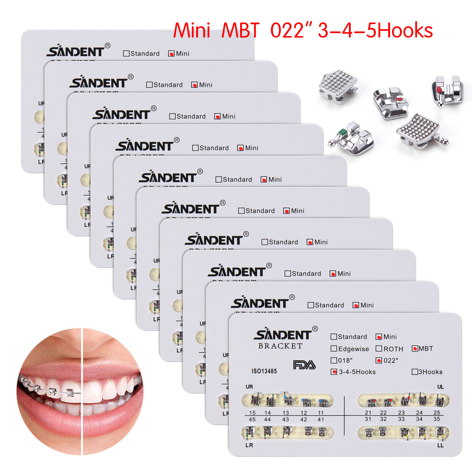 10 packs Dental Orthodontics Metal Bracket Braces Mini MBT 022"Slot Hooks 3-4-5