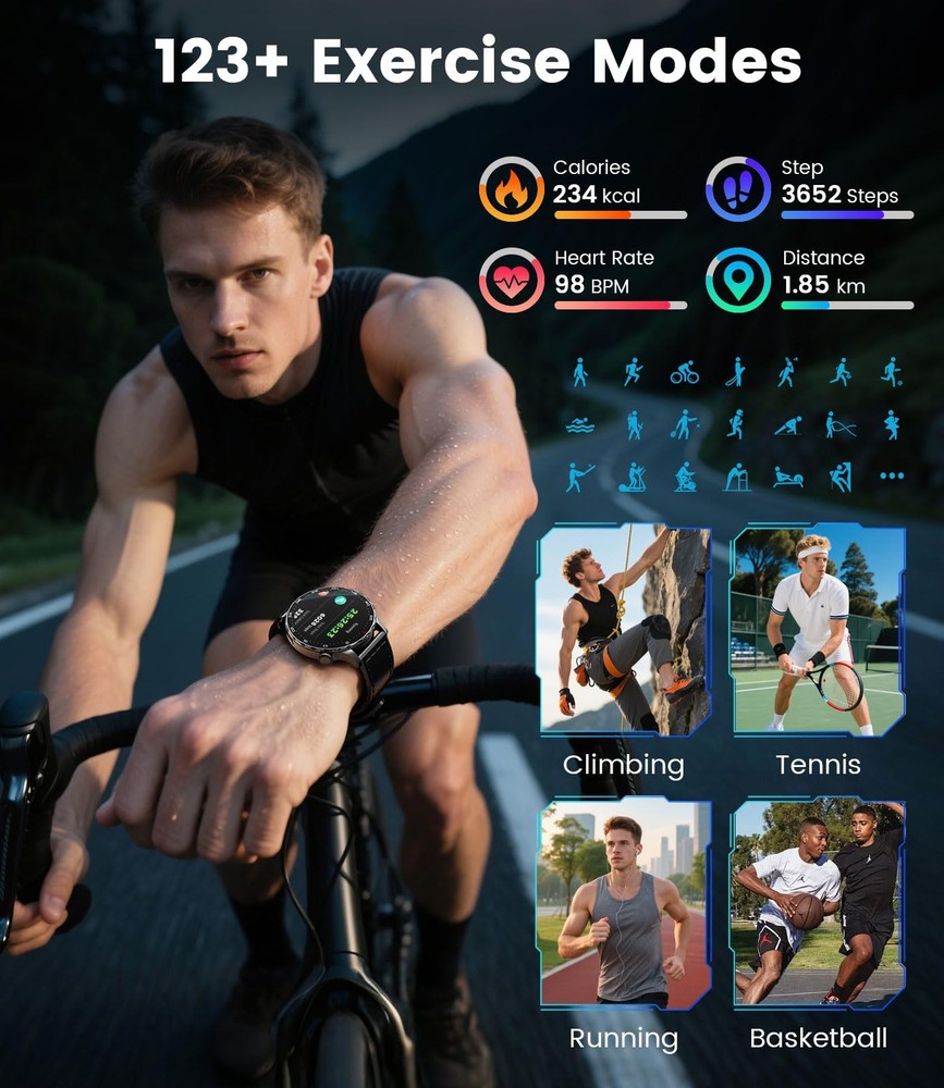 for Men with Android iOS,1.43" AMOLED Display Screen Bluetooth Calling Fitnes...