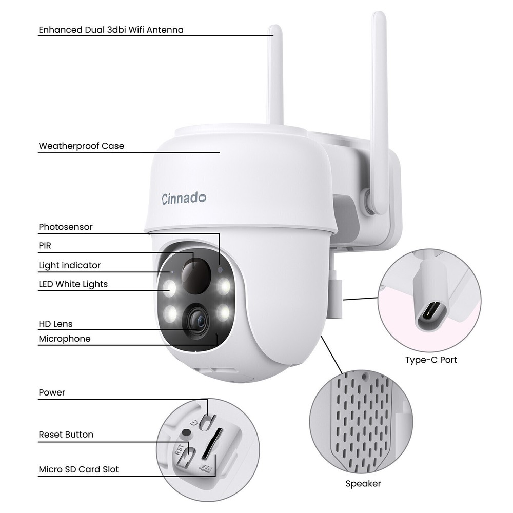 Cinnado 2K 4MP Solar Powered Security Camera Wireless Outdoor AI Detection IP65