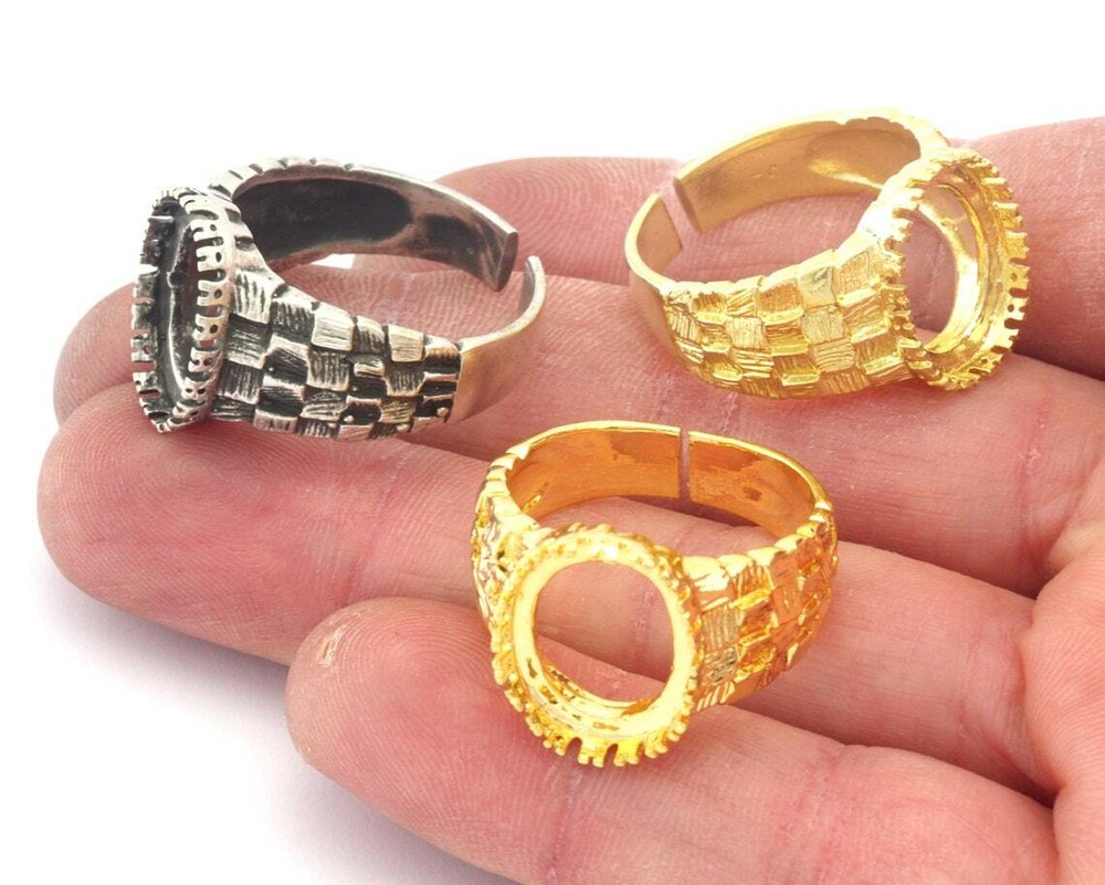 Basket Weave Patterned Blank Signet Ring Adjustable-Raw brass-silver-gold 4692
