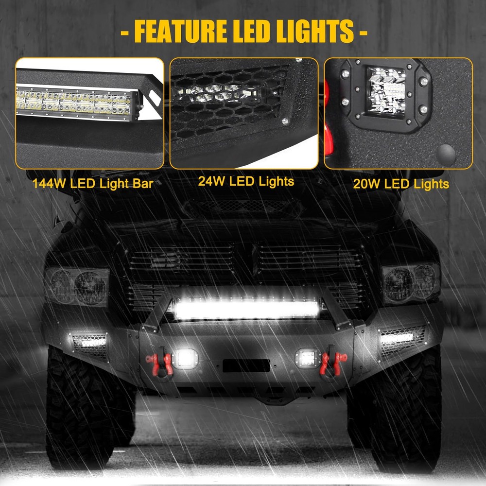 前绞车保险杠套件 RAM 2500 3500 2003 - 2005 黑色越野钢 LED