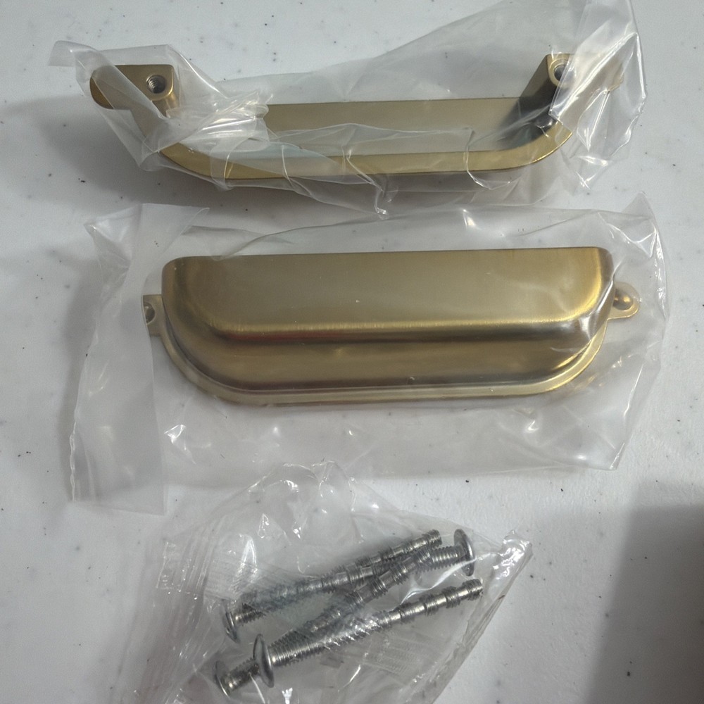 Set 2 Antique Library Cup Style Drawer Pulls Polished Brass Finish Solid 3.75”