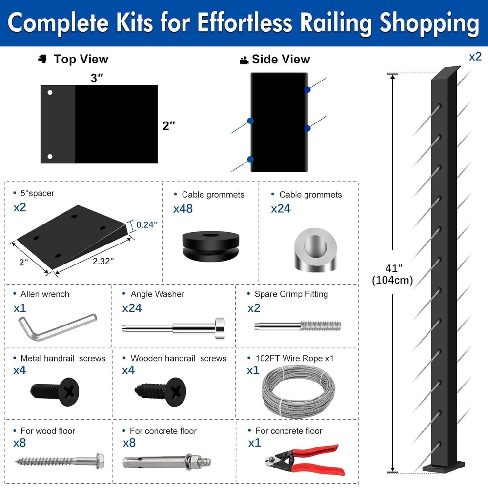 New 2 Pack 42" Complete Set Stair Cable Railing Post Kit 33° Drilled Fast Ship