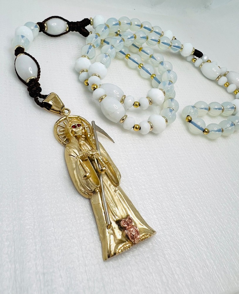 Santa Muerta Holy Death Grim Reaper white Rosary gemstone Opal and peal handmade