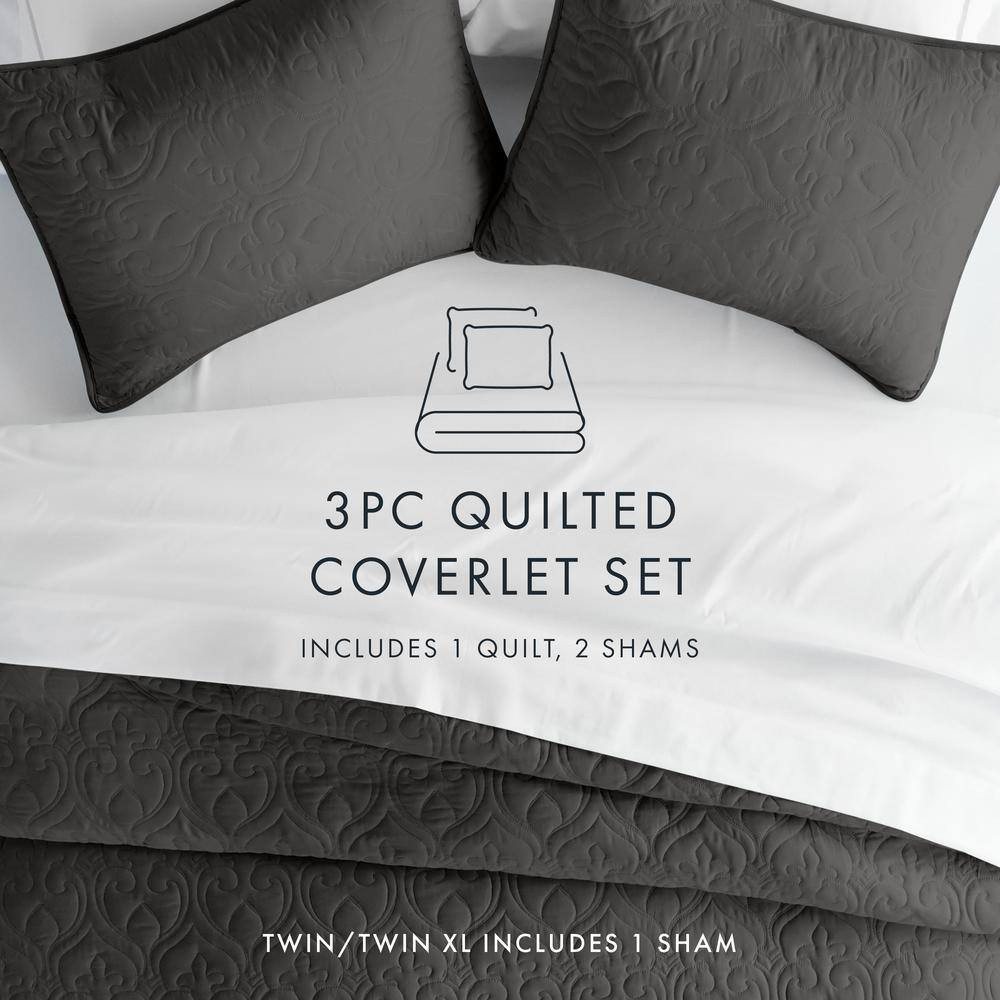 Damask Gray Microfiber Queen Performance Quilted Coverlet Set