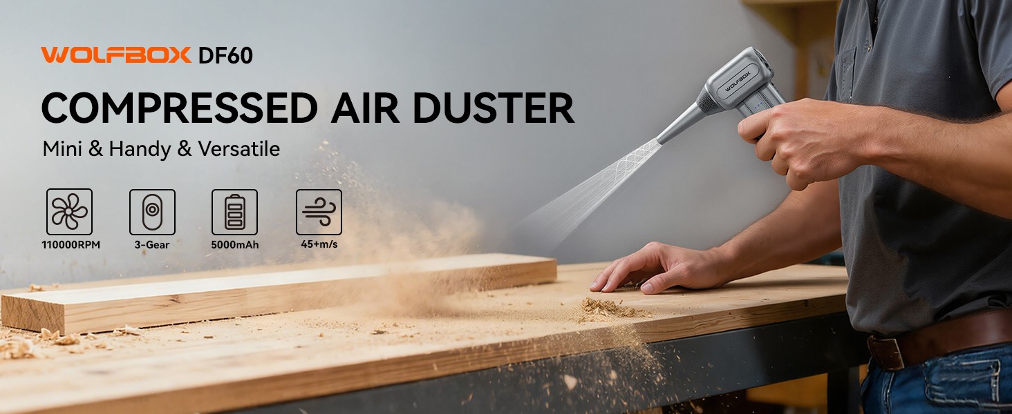 WOLFBOX DF60 110000RPM Cordless Air Duster 3-Speed with 5 Nozzles, Fast Charging