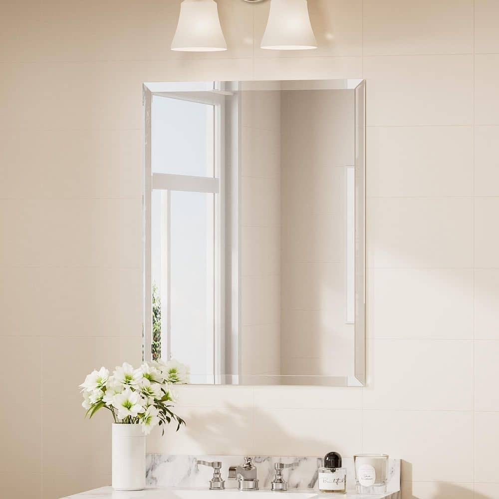 KeonJinn 24" W x 32" H Rectangular Beveled Frameless Wall Mount Bathroom Vanity