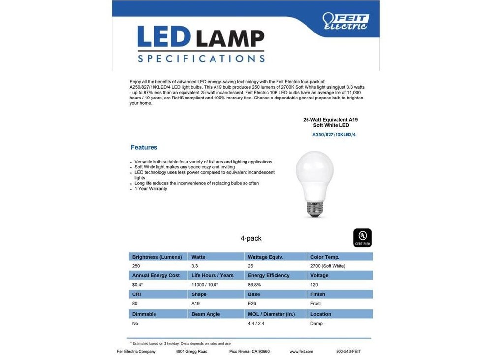 LED Bulb A19 E26 (Medium) Soft White 25 Watt Equivalence Frosted