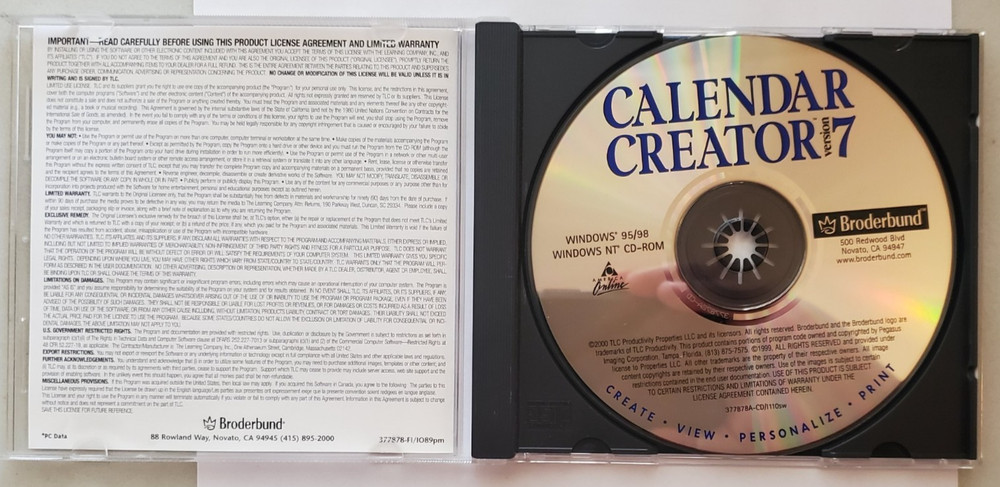 Calendar Creator Version 7, (PC, CD-ROM), Borderbund, See Description