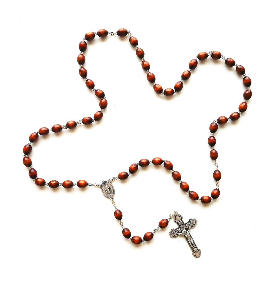 Brown Solid Wood Rosary with Miraculous Center Piece - Italy -