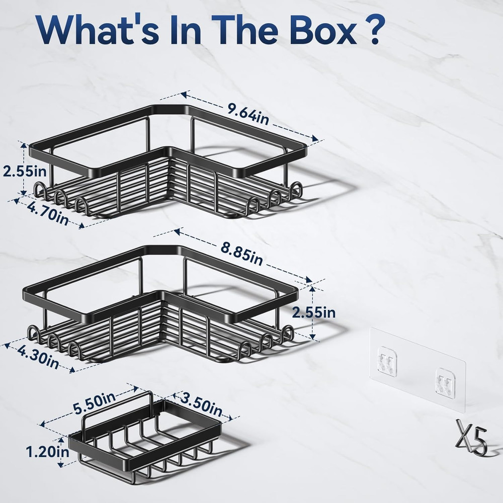 Corner Adhesive Shower Caddy, with Soap Holder and 12 Hooks, Rustproof Stainless