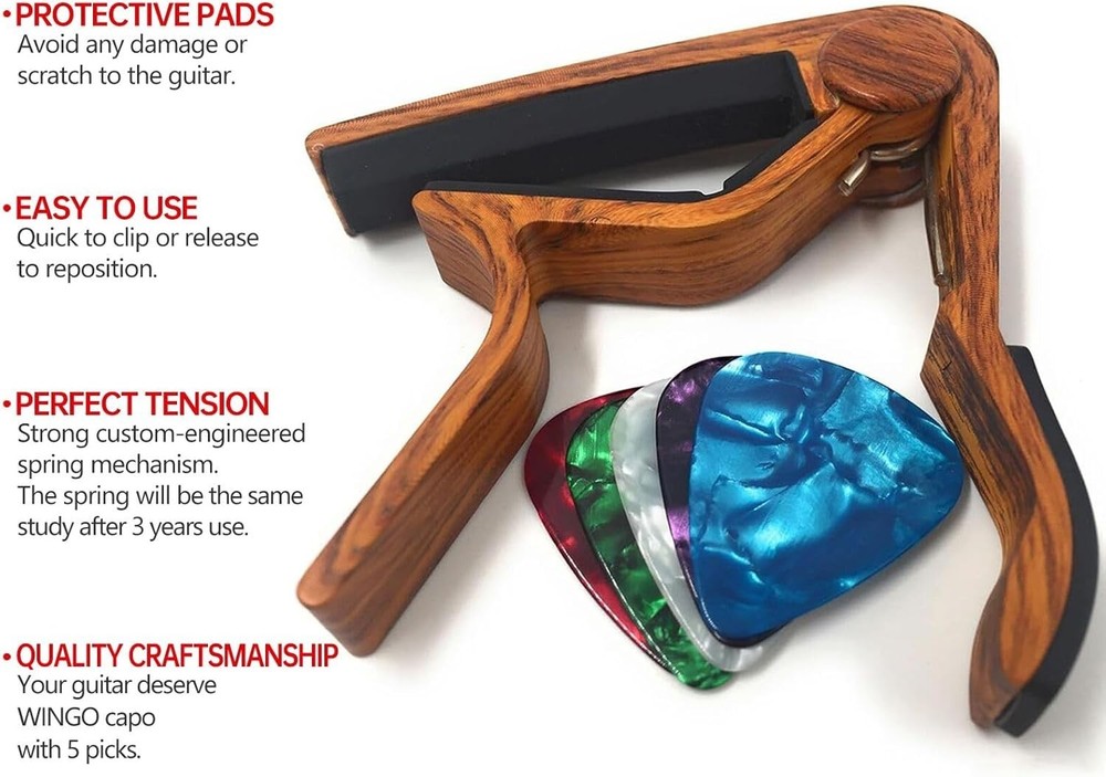 Rosewood Guitar Capo with 5 Picks - Versatile for All String Instruments