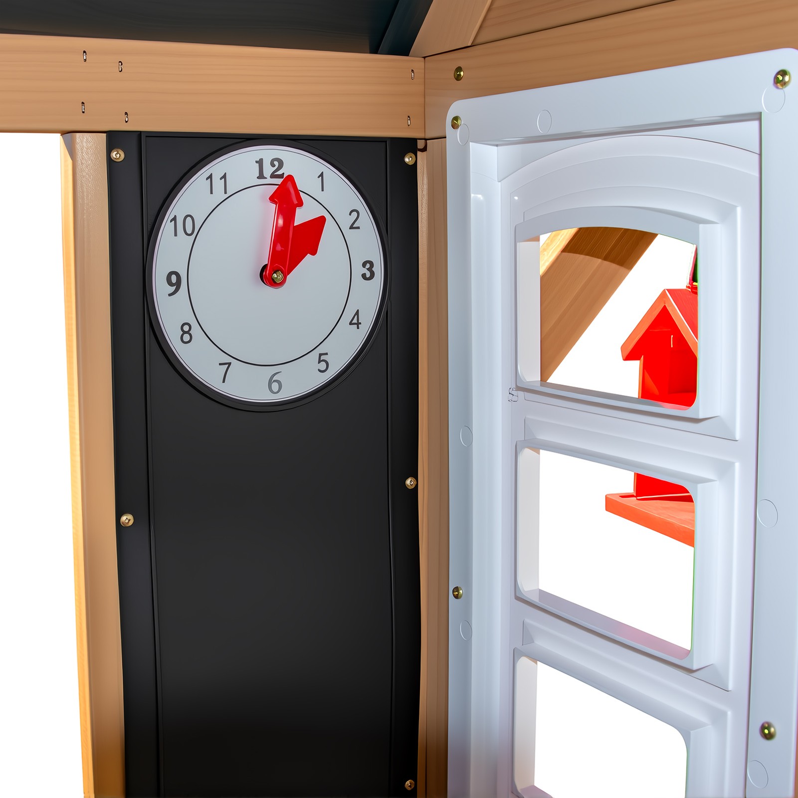 Kids Wooden Playhouse Cottage w/Bench,Play Kitchen,Chalkboard,Flowerpot,Birdcage