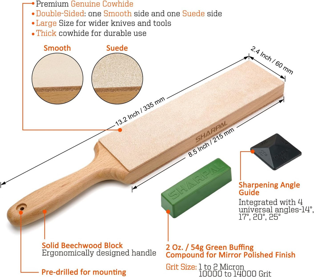 Double-Sided Leather Strop 13.2" X 2.4" Kit with 2 Oz. Polishing Compound