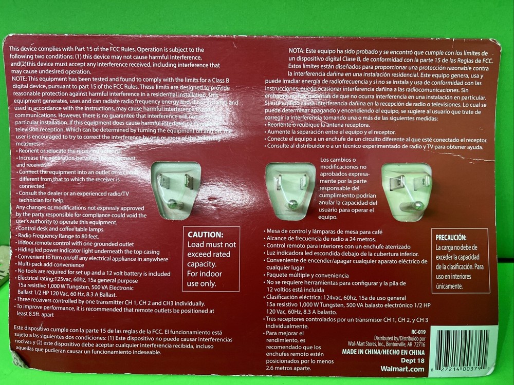 Holiday Time 3Pk Indoor Wireless Outlets w/ Remote Control.