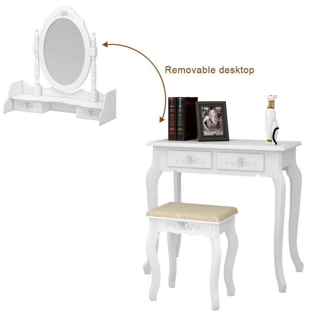 White Vanity Makeup Dressing Table Set w/Stool 4 Drawer&Mirror Jewelry Wood Desk