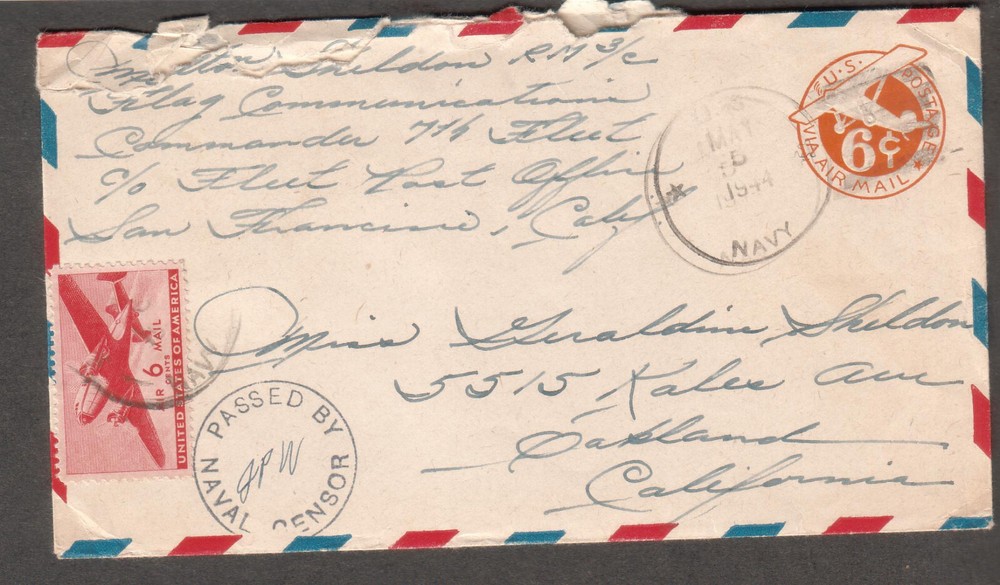 WWII censor cover Milton Sheldon RM 3/c Flag Communications Commander 7th Fleet