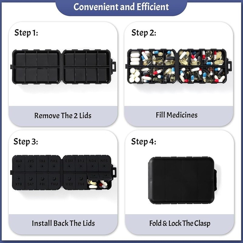 Foldable Pill Organizer Portable Double Protection Easy Open Extra Compartments
