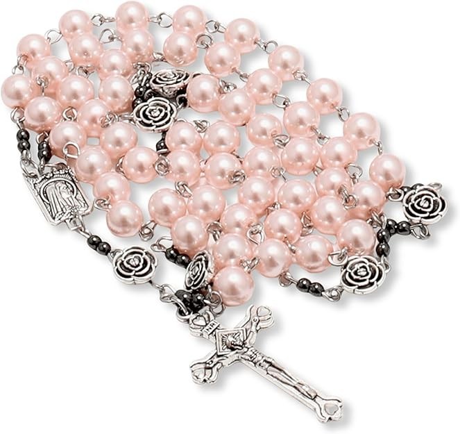 Pink Pearl Beads Metal Mystery Roses with Hematite stones Rosary Necklace