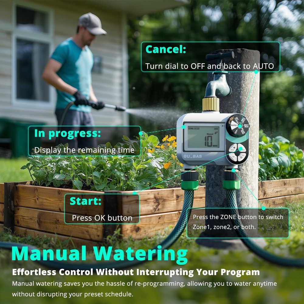 2 Zone Sprinkler Timer with Brass Inlet & Outlet, Programmable Water Timer fo...