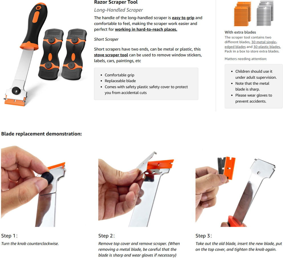3 Pcs Razor Blade Scraper Set, Includes 30 Plastic&30 Metal Blades, Multi-Purpos