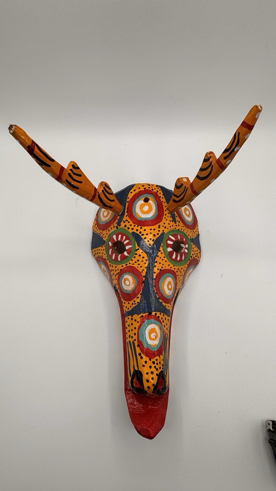 Vintage Hand Carved Guatemalan Deer Mask Painted Folk Art Wall Decor