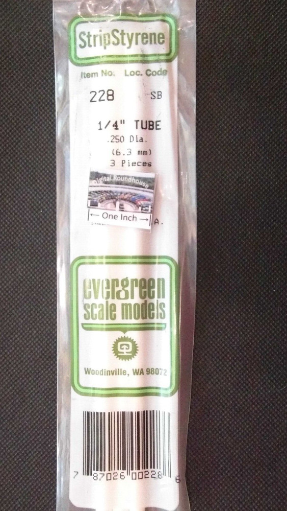 Evergreen Scale Models #228 Tubing 1/4" dia., pkg. 3 - Details Below