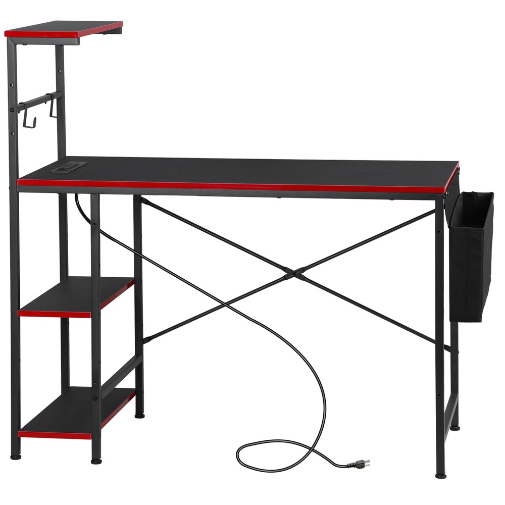 44" Computer Desk Rectangular Gaming Desk with LED Lights & Power Outlets Black