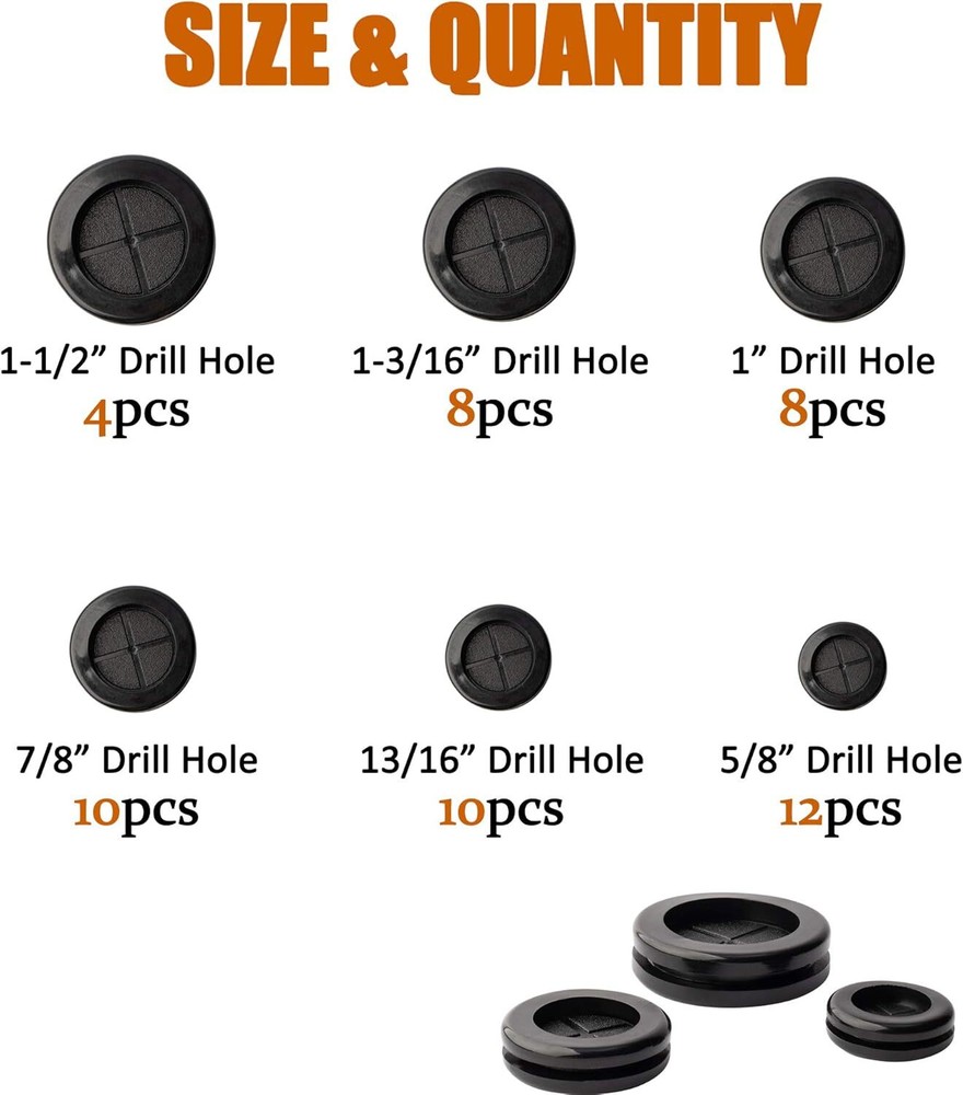 ISPINNER 52pcs 6 Sizes Rubber Grommet, Double Sided Round Hole Black