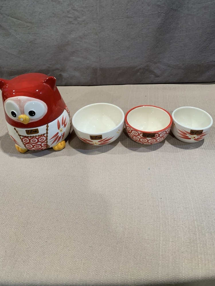 Temptation By Tara Old World Owl Nesting Ceramic Measuring Cups Red Pattern