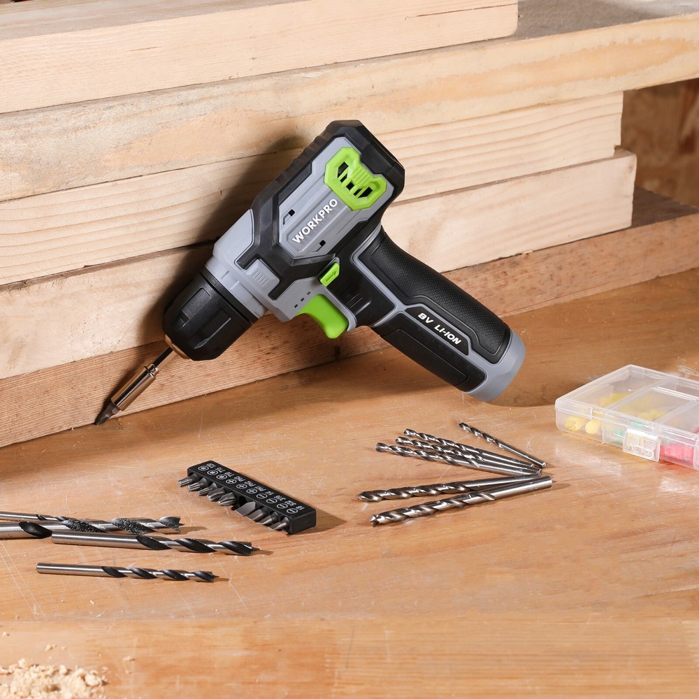 WORKPRO Cordless Power Drill Set 8V with 53pcs Bit Set 3/8" Keyless Chuck Grey