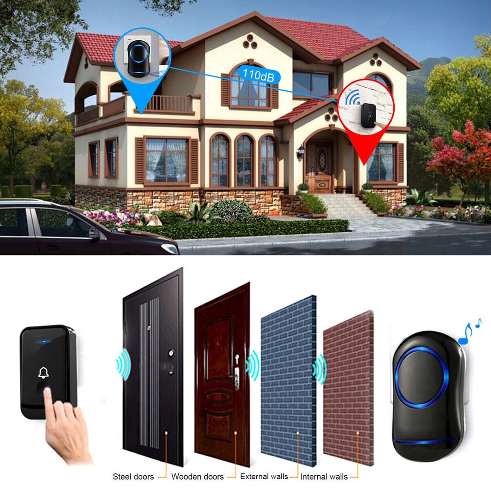 1000ft Wireless Doorbell Chime Kit Waterproof Plugin Receiver Adjustable Volume