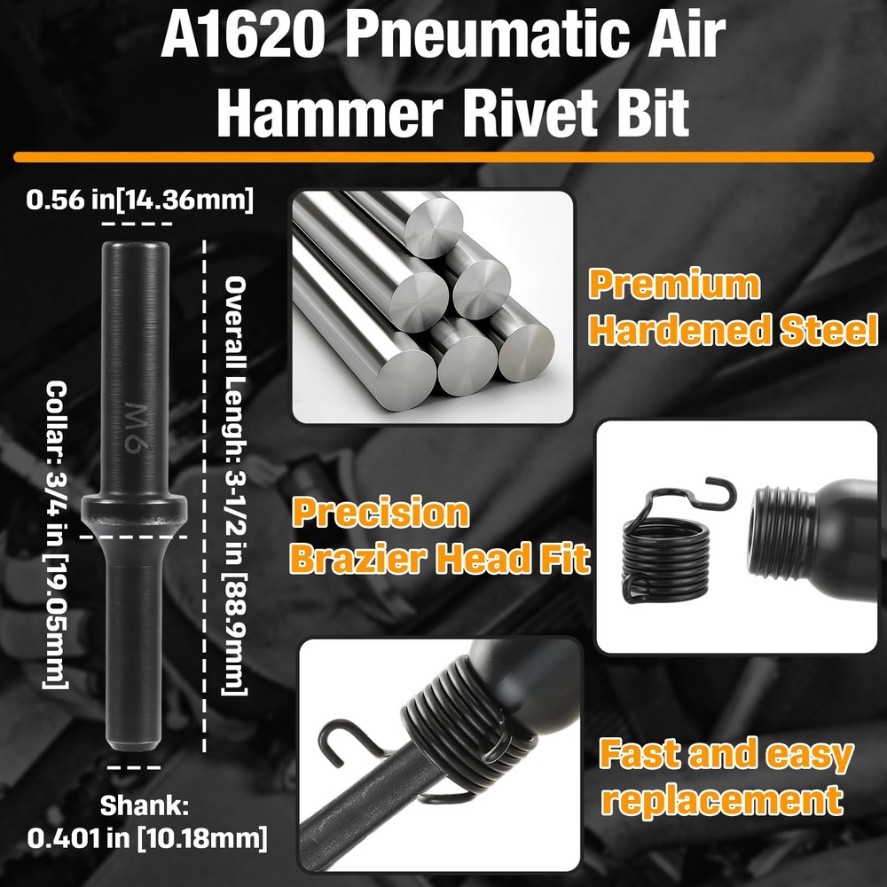 A1620 Pneumatic Air Hammer Rivet Bit Set, Solid Rivet Tool Kit for 3/16" Univ...