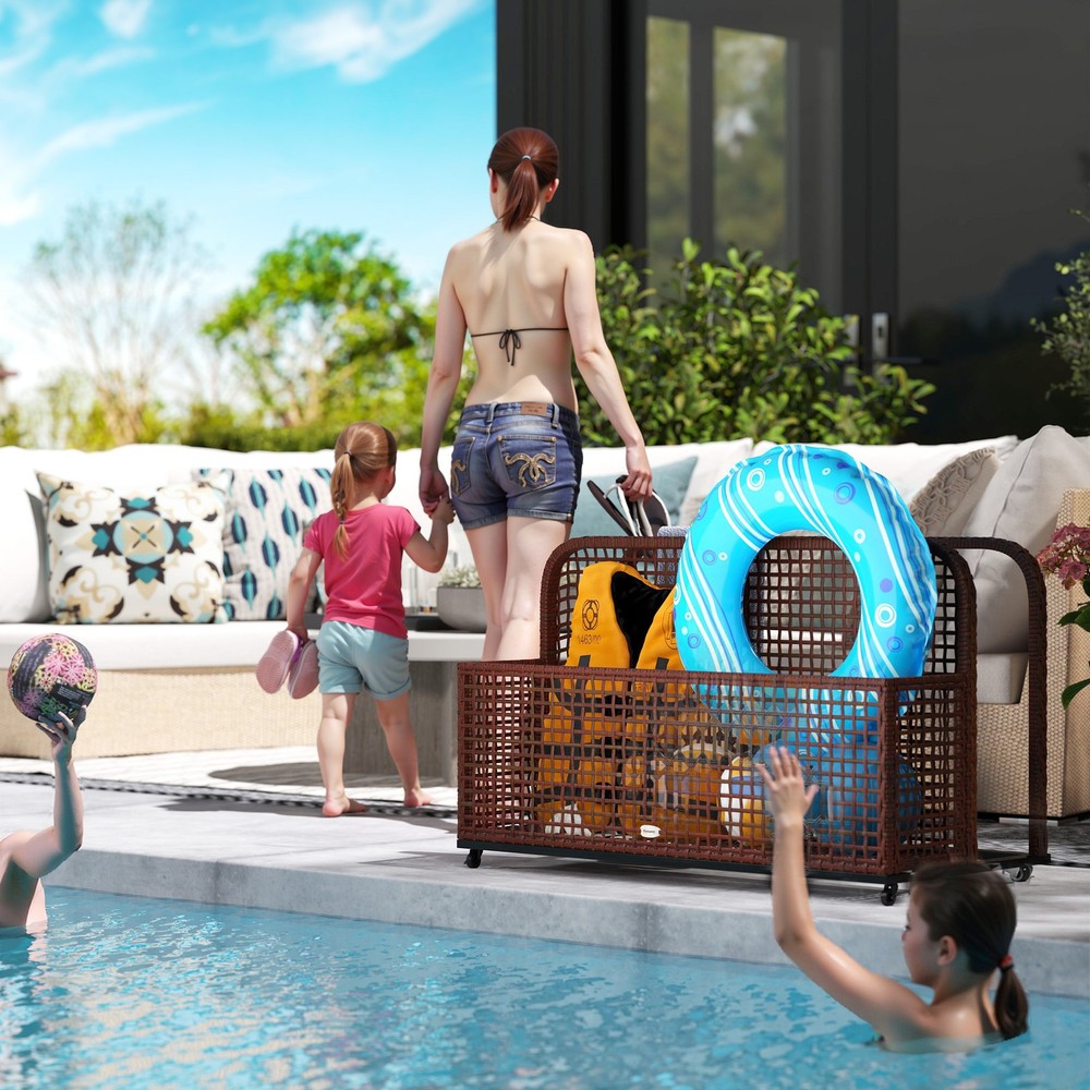 Outsunny Pool Float Storage with Wheels, Pool Caddy, Brown