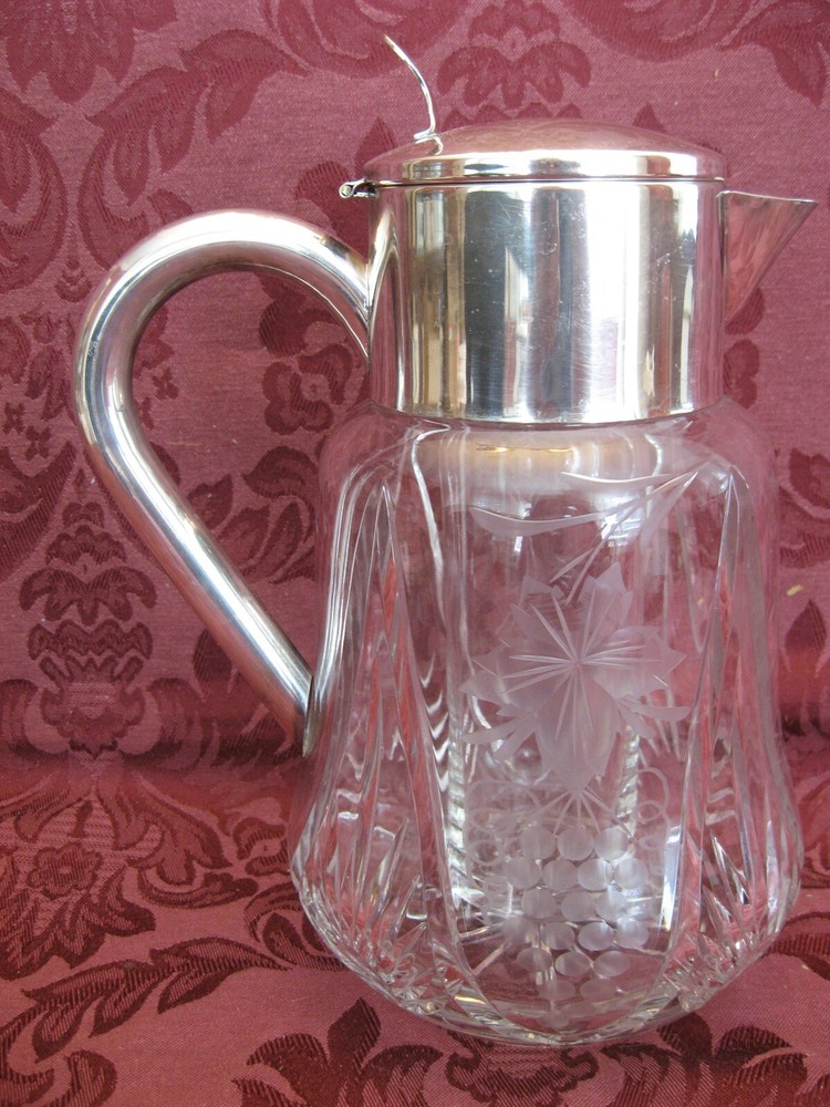 ASCI Germany Crystal & Silverplate 10-3/8" Cut & Etched Pitcher - Nice!