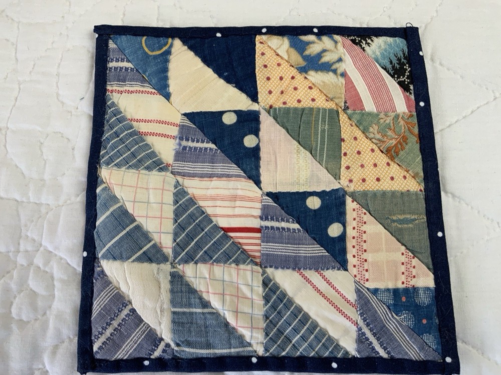 Antique Vintage Patchwork Quilt Table Topper Or Doll Crib Quilt, Triangles, Blue