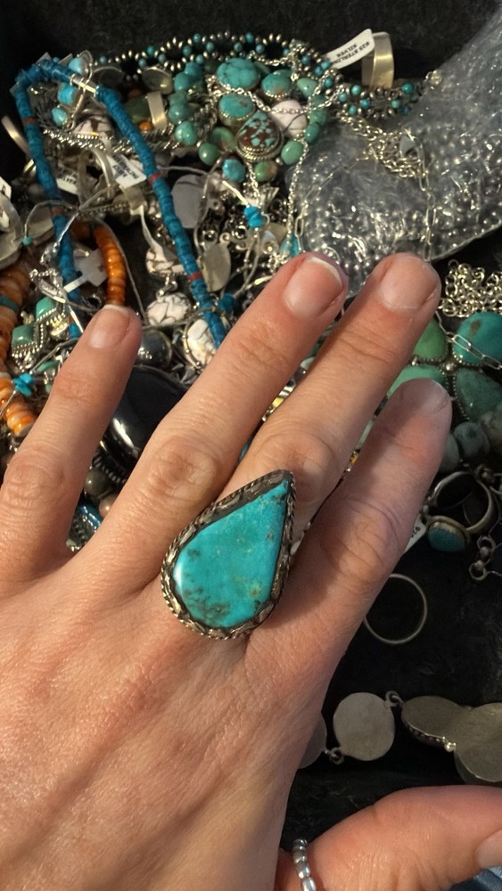 Turquoise teardrop adjustable German silver stamped ring
