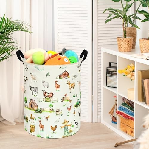 Pattern 19.7 Inch Round Laundry Clothes Hamper Laundry Basket with Farm