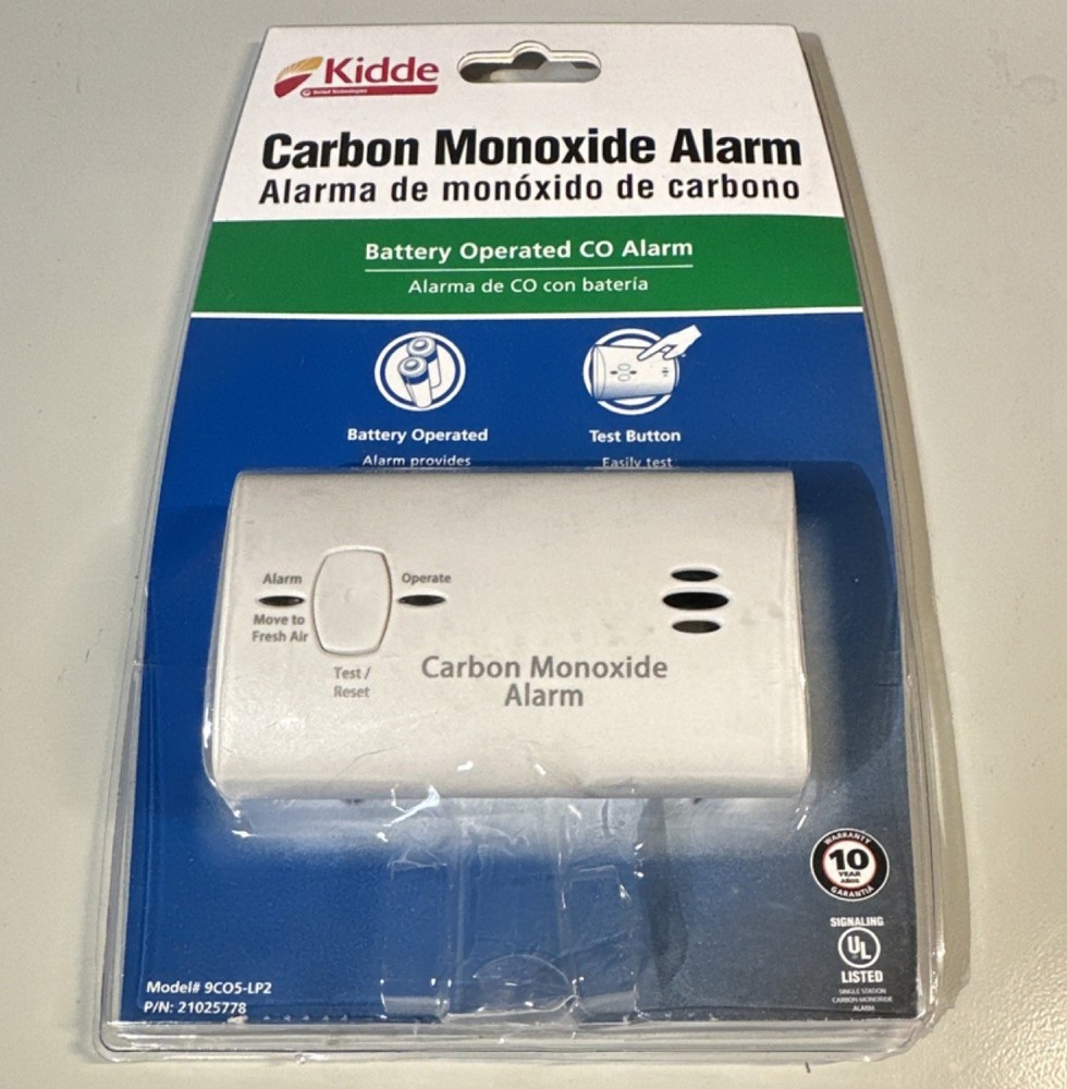 Kidde Carbon Monoxide Alarm 9CO5-LP2 White Battery Operated Test Button Sensor