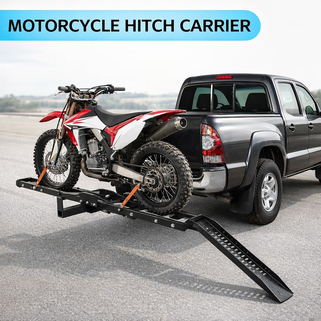 600LBS Motorcycle Carrier Rack 2" Receiver Hitch w/ Steel Ramp Anti-Tilt Lock HD