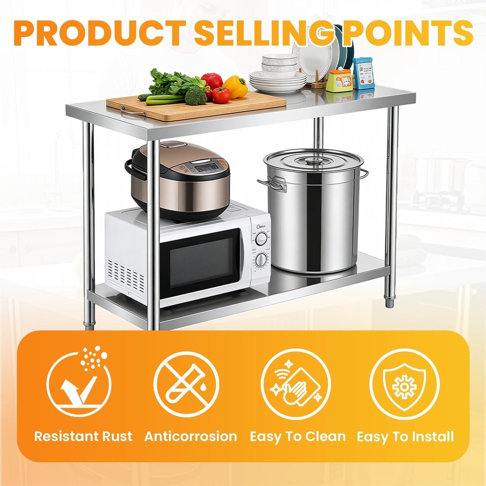 Stainless Steel Work Table 48"/72" Prep Worktable Workbench for Kitchen Garage