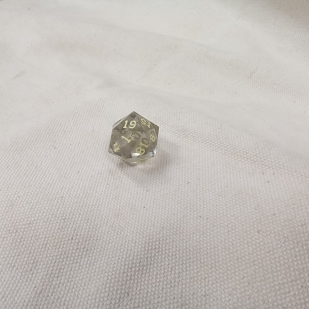 Gamescience dice, d20, light smoke, inked in crayon