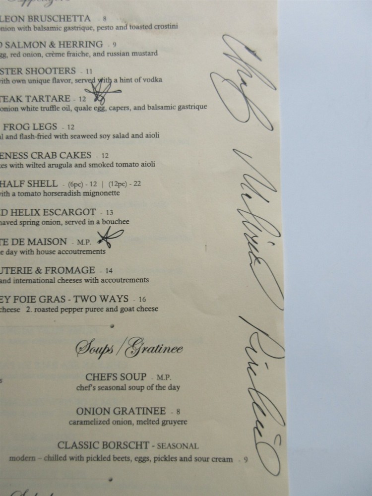 DEKA Menu signed by Chef 401 E Dundee Rd. Wheeling, IL