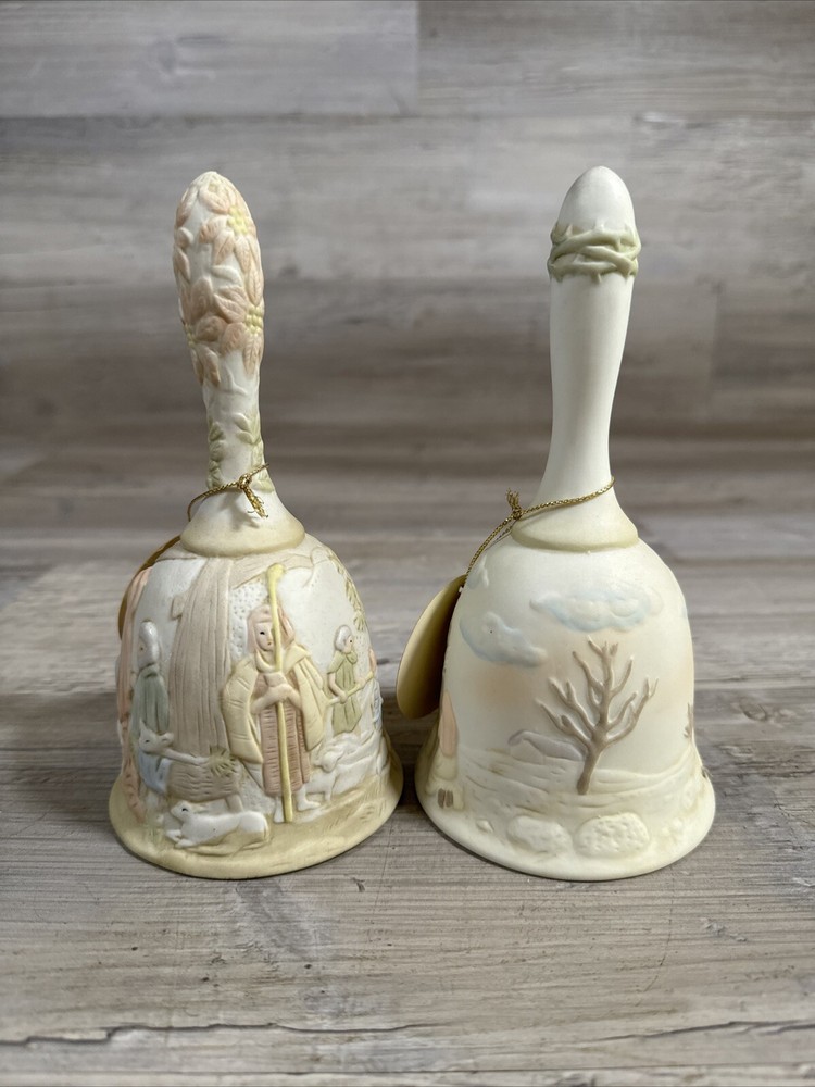 Pair (2) Lefton Christopher Collection Bells Nativity & Crucifixion Hand Painted