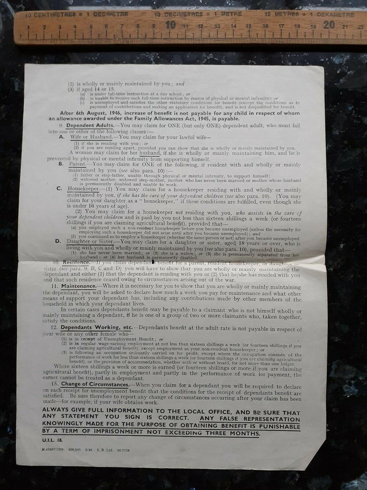 1946 Unemployment Benefit information leaflet
