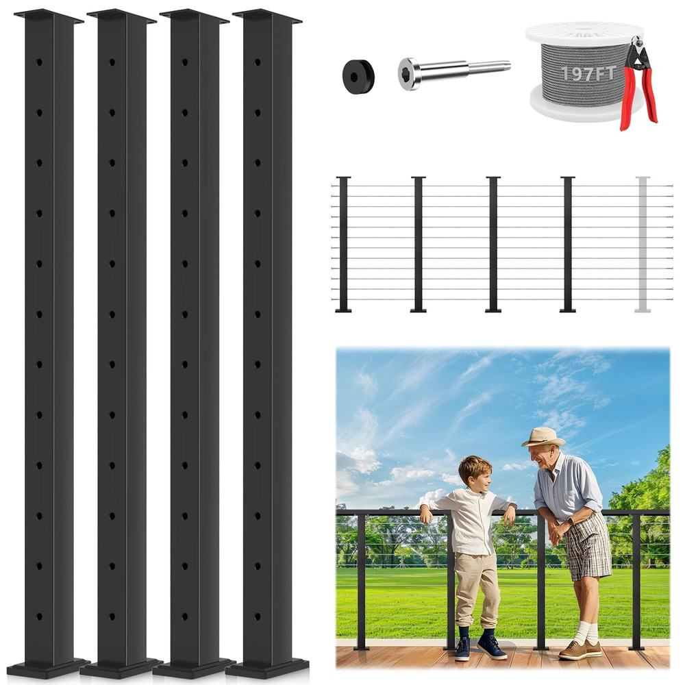 Modular Cable Railing Post Kit 12-16FT with 4 Posts & 197FT Cable System